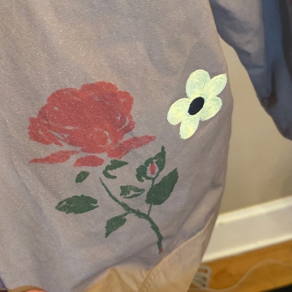 Free People S Charm Me Chore Jacket Tan Denim Embroidered Doodles Birds - Picture 11 of 12